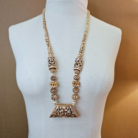 Vintage Intricately Hand Carved Bone Cross Necklace, Ethnic, Bohemian - Picture 1 of 11